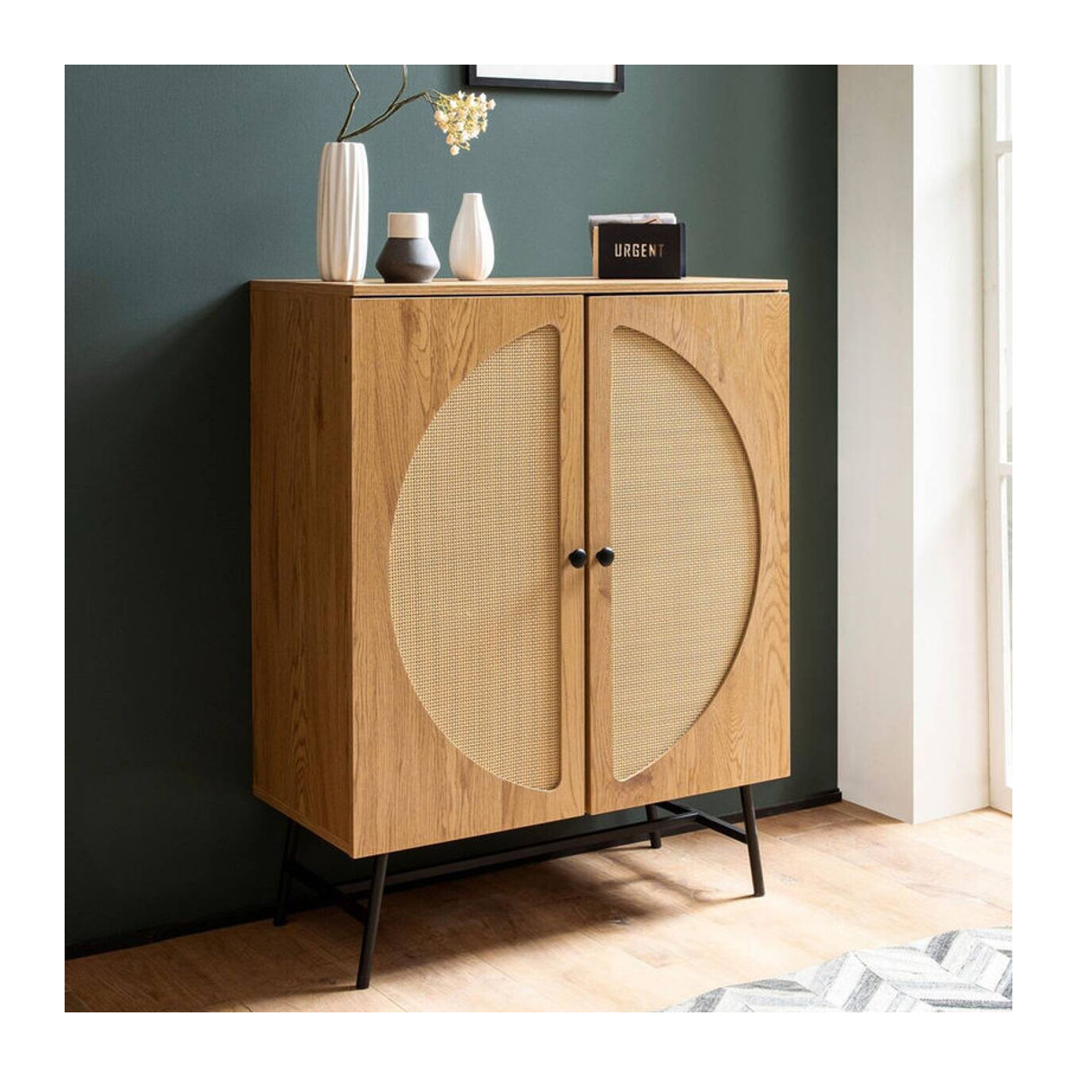 Wohnling Sideboard in Eiche Natur mit Polyrattan im Bohemian Stil, B/H/T: 80 x 103 x 39 cm - Bild 4
