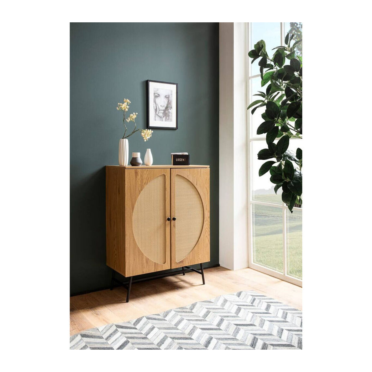 Wohnling Sideboard in Eiche Natur mit Polyrattan im Bohemian Stil, B/H/T: 80 x 103 x 39 cm - Bild 5