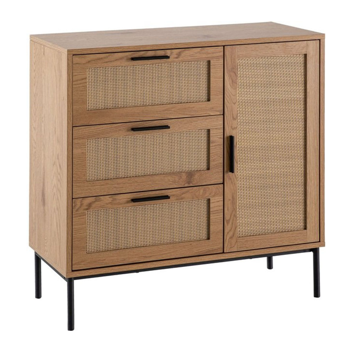 Wohnling Sideboard in Eiche Natur mit Polyrattan und Metall im skandinavischen Design B/H/T: 80 x 82 x 36 cm - Bild 1