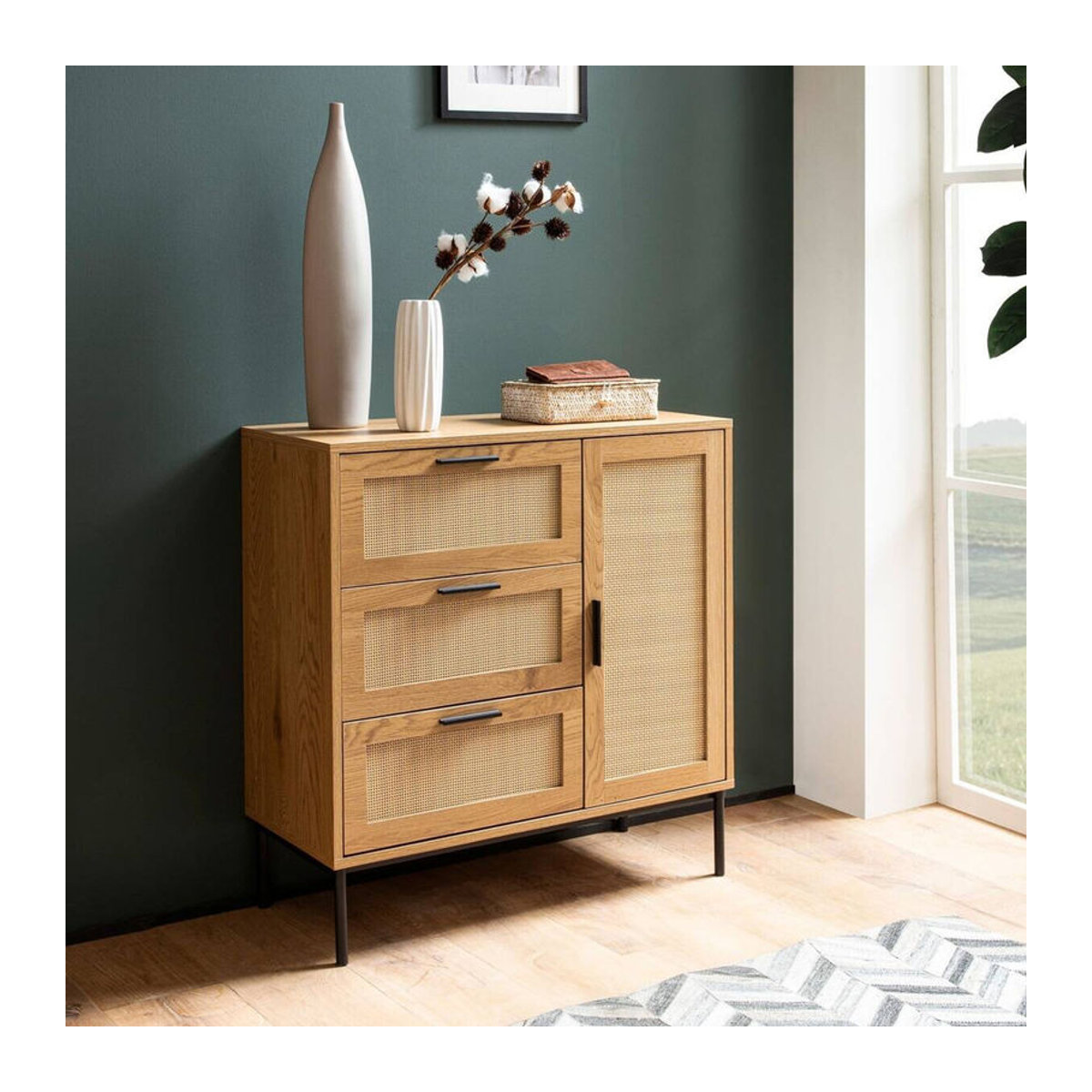 Wohnling Sideboard in Eiche Natur mit Polyrattan und Metall im skandinavischen Design B/H/T: 80 x 82 x 36 cm - Bild 2