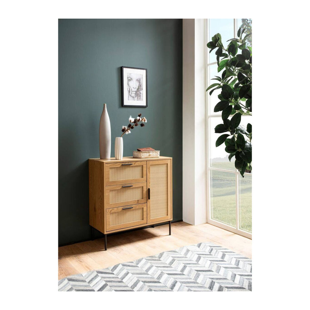 Wohnling Sideboard in Eiche Natur mit Polyrattan und Metall im skandinavischen Design B/H/T: 80 x 82 x 36 cm - Bild 3