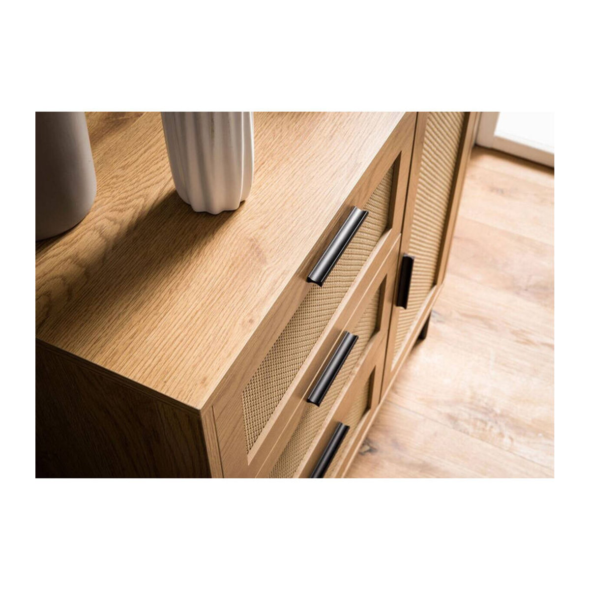Wohnling Sideboard in Eiche Natur mit Polyrattan und Metall im skandinavischen Design B/H/T: 80 x 82 x 36 cm - Bild 4