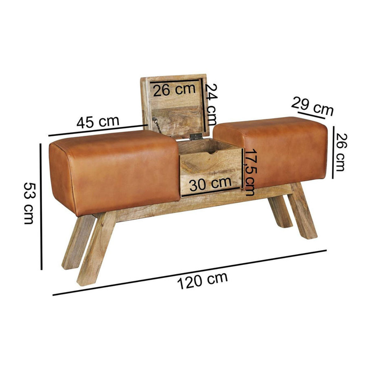 Wohnling Sitzbank aus Leder und Massivholz in Braun Natur im Industrial Design B/H/T: 120 x 53 x 29 cm - Bild 2