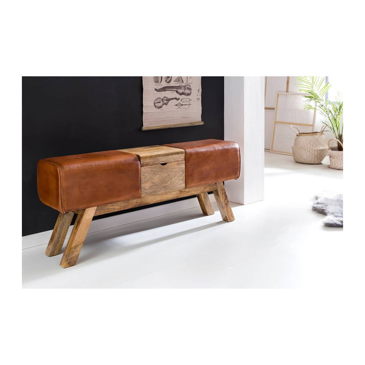 Wohnling Sitzbank aus Leder und Massivholz in Braun Natur im Industrial Design B/H/T: 120 x 53 x 29 cm - Bild 4