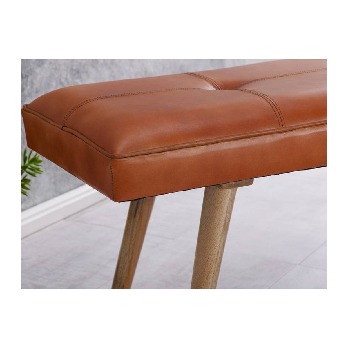 Wohnling Sitzbank aus Leder und Massivholz in Braun Natur im Retro-Design B/H/T: 117 x 51 x 38 cm - Bild 2