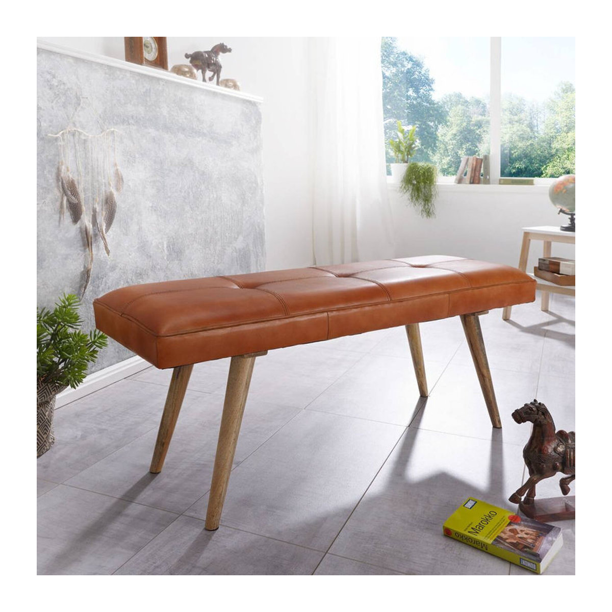 Wohnling Sitzbank aus Leder und Massivholz in Braun Natur im Retro-Design B/H/T: 117 x 51 x 38 cm - Bild 3