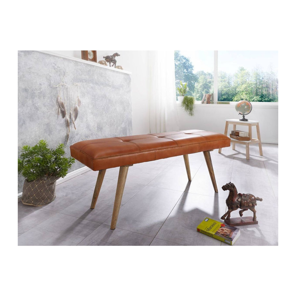 Wohnling Sitzbank aus Leder und Massivholz in Braun Natur im Retro-Design B/H/T: 117 x 51 x 38 cm - Bild 4