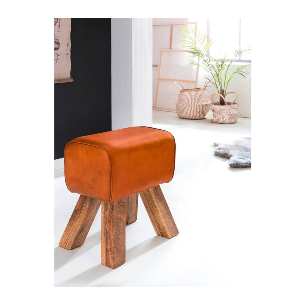 Wohnling Sitzbank aus Leder und Massivholz in Braun Natur im Retro- und Skandinavischen Design - Bild 3