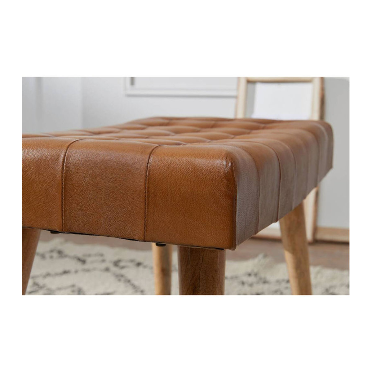 Wohnling Sitzhocker aus Echtleder und Massivholz in Braun Natur im skandinavischen Design B/H/T: 67 x 47 x 39 cm - Bild 2