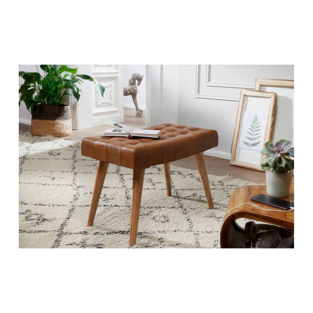 Wohnling Sitzhocker aus Echtleder und Massivholz in Braun Natur im skandinavischen Design B/H/T: 67 x 47 x 39 cm - Bild 4