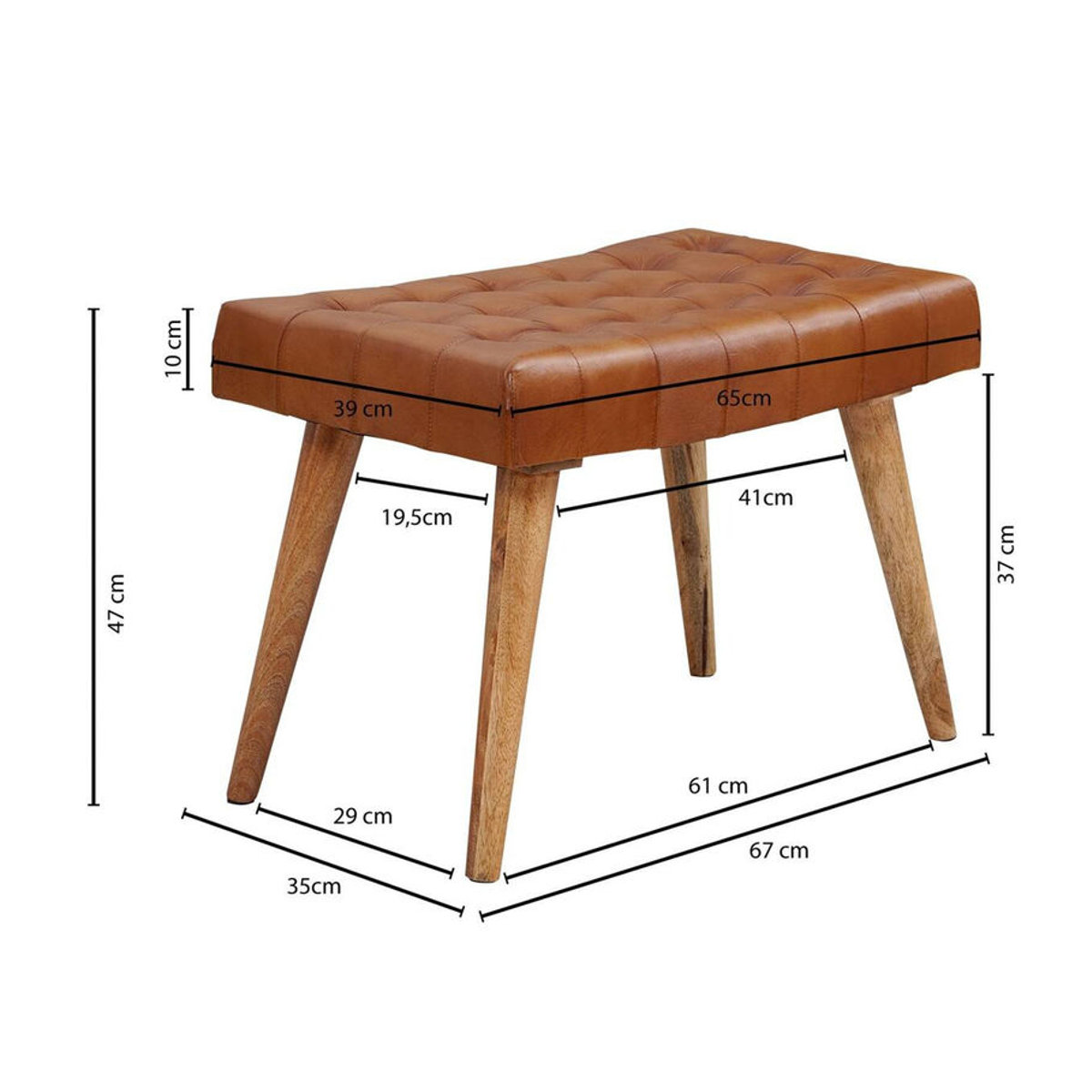 Wohnling Sitzhocker aus Echtleder und Massivholz in Braun Natur im skandinavischen Design B/H/T: 67 x 47 x 39 cm - Bild 5