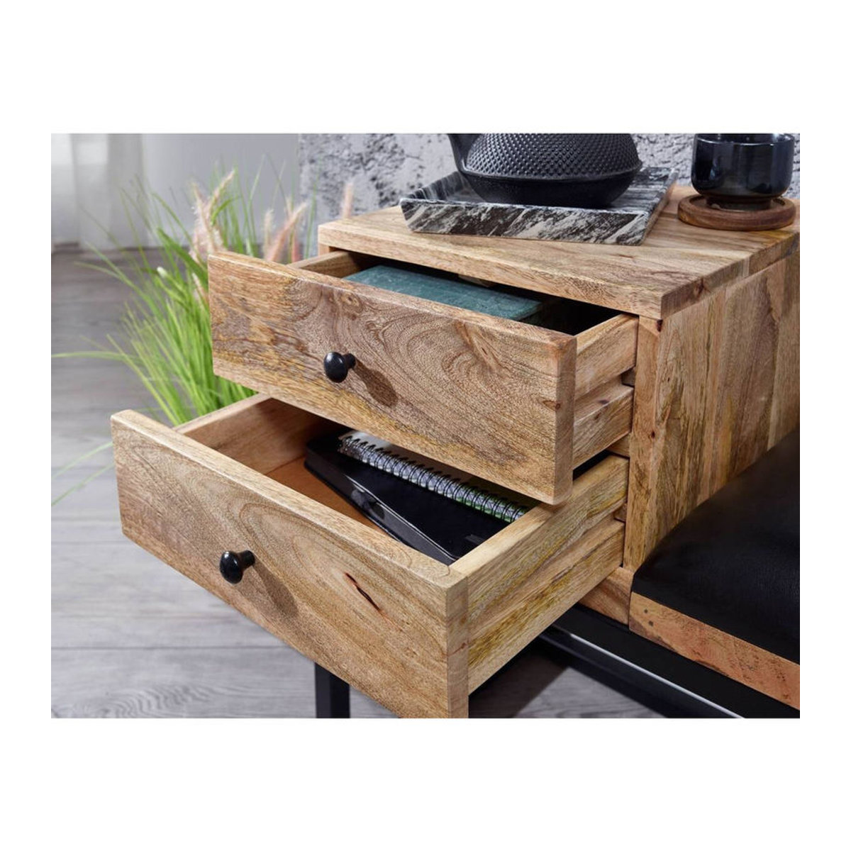 Wohnling Sitztruhe im Industrial Design aus Echtholz und Leder in Schwarz und Natur, B/H/T: 100 x 60 x 35 cm - Bild 3