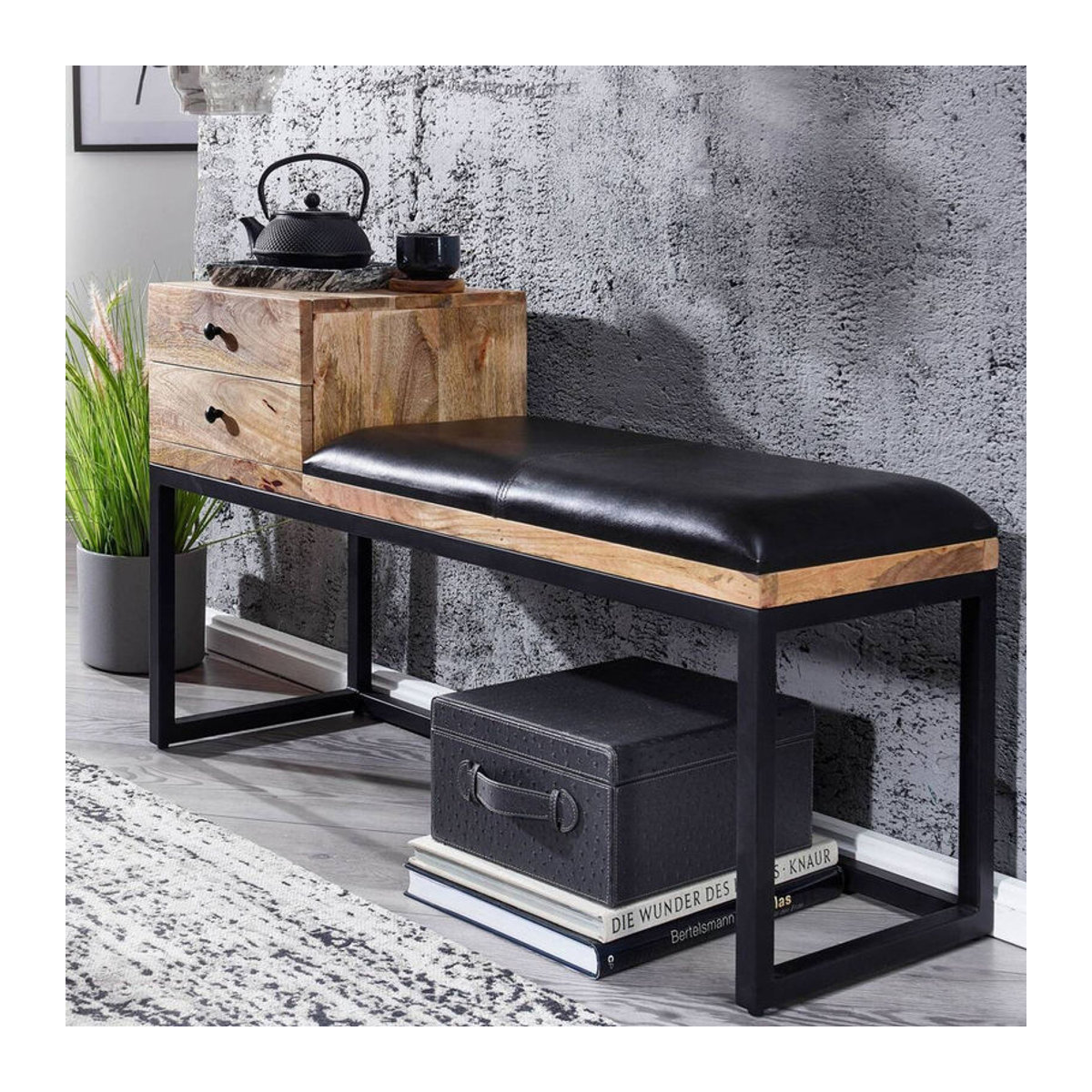 Wohnling Sitztruhe im Industrial Design aus Echtholz und Leder in Schwarz und Natur, B/H/T: 100 x 60 x 35 cm - Bild 4