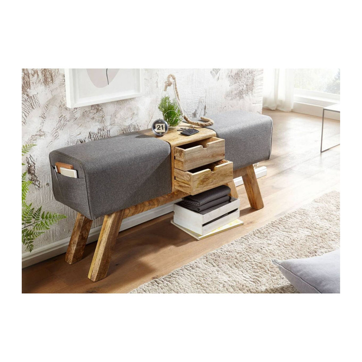 Wohnling Sitztruhe in Grau und Natur aus Stoff und Massivholz im skandinavischen Design B/H/T: 120 x 56 x 30 cm - Bild 1