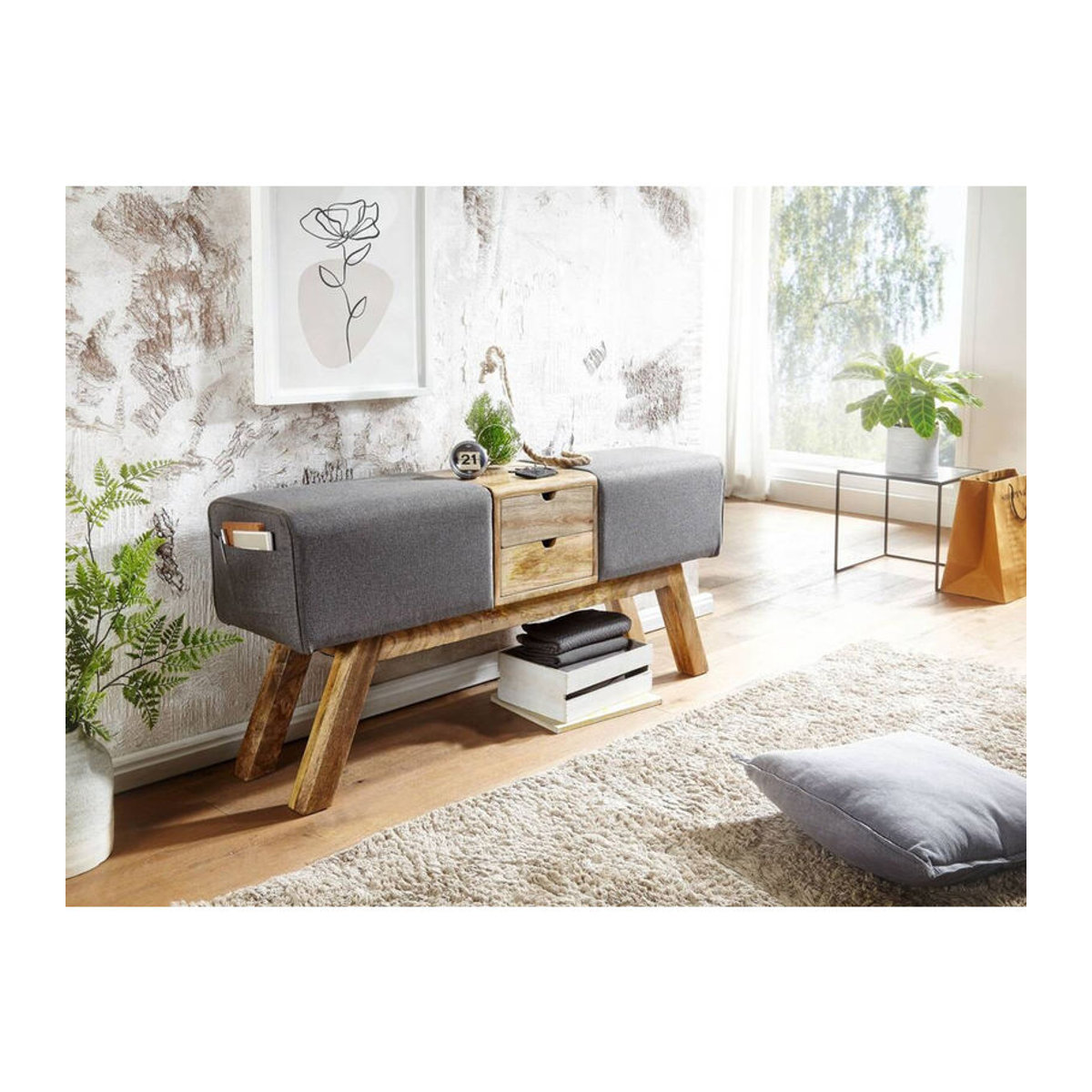 Wohnling Sitztruhe in Grau und Natur aus Stoff und Massivholz im skandinavischen Design B/H/T: 120 x 56 x 30 cm - Bild 3
