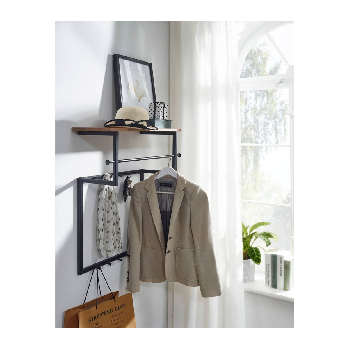 Wohnling Wandgarderobe im Industrial Design aus Massivholz und Metall, Natur/Schwarz, B/H/T: 60 x 76 x 26 cm - Bild 3