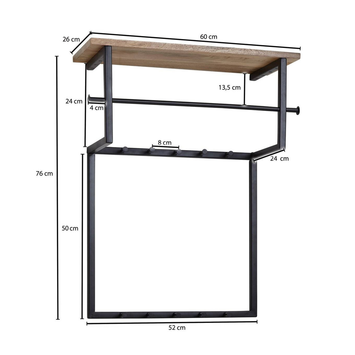 Wohnling Wandgarderobe im Industrial Design aus Massivholz und Metall, Natur/Schwarz, B/H/T: 60 x 76 x 26 cm - Bild 4