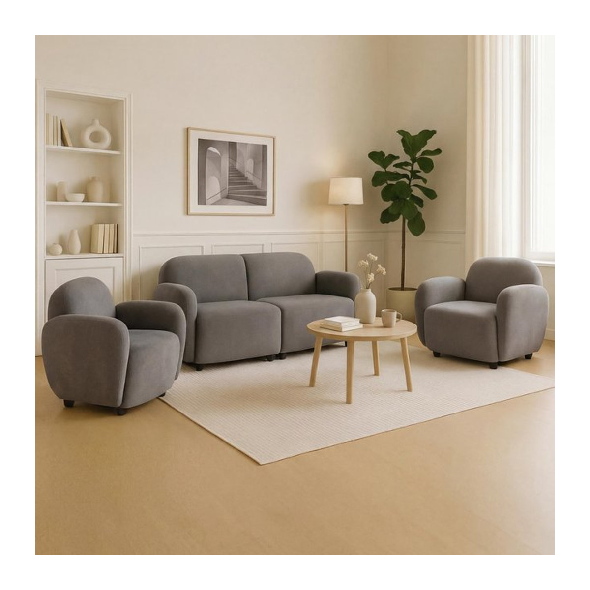 Wohnzimmer-Set MCW modern, 2er-Sofa und 2 Sessel aus Chenille-Stoff, hellgrau - Bild 1