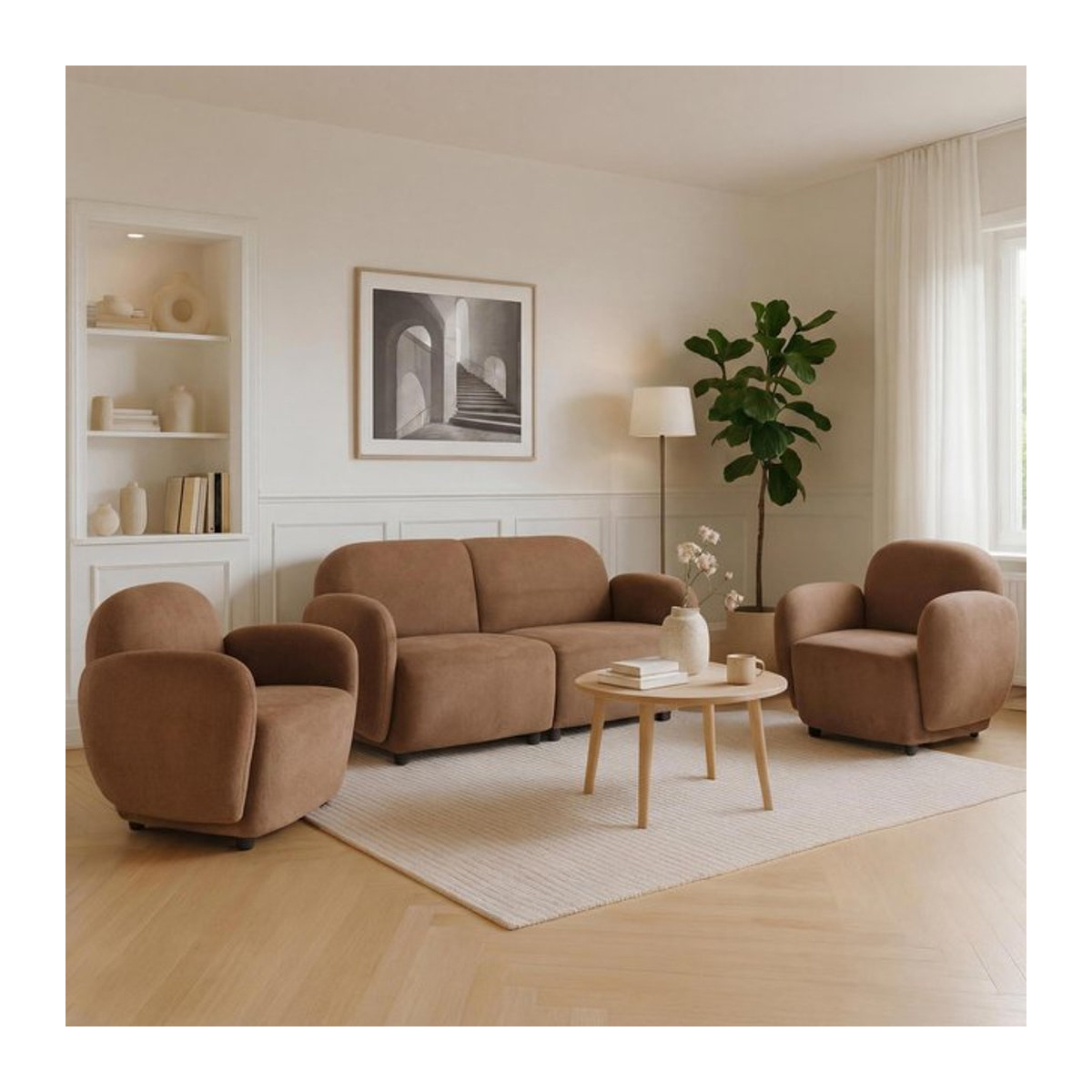 Wohnzimmer-Set MCW Modern in Braun mit 2er-Sofa und 2 Sesseln aus Chenille-Stoff - Bild 1