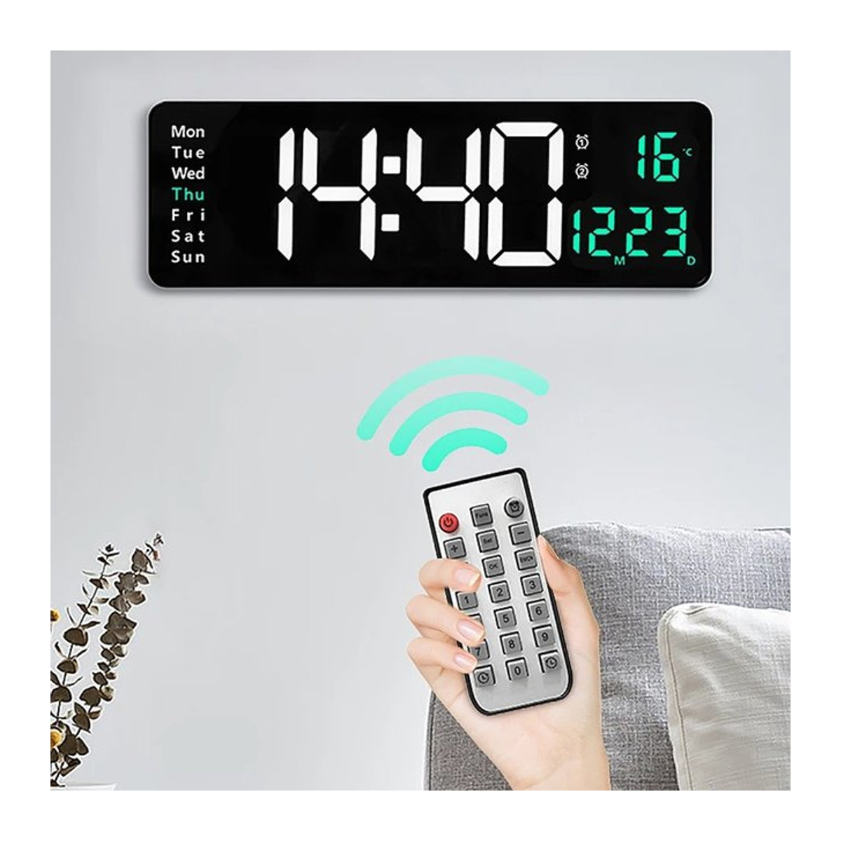 WOKLOK Digitale LED Wanduhr mit Fernbedienung, Thermometer und Datumsanzeige, Weiß oder Schwarz - Bild 1