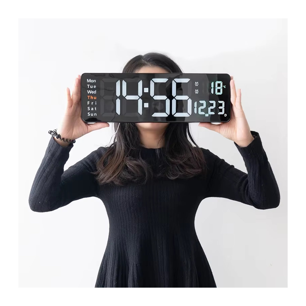 WOKLOK Digitale LED Wanduhr mit Fernbedienung, Thermometer und Datumsanzeige, Weiß oder Schwarz - Bild 4