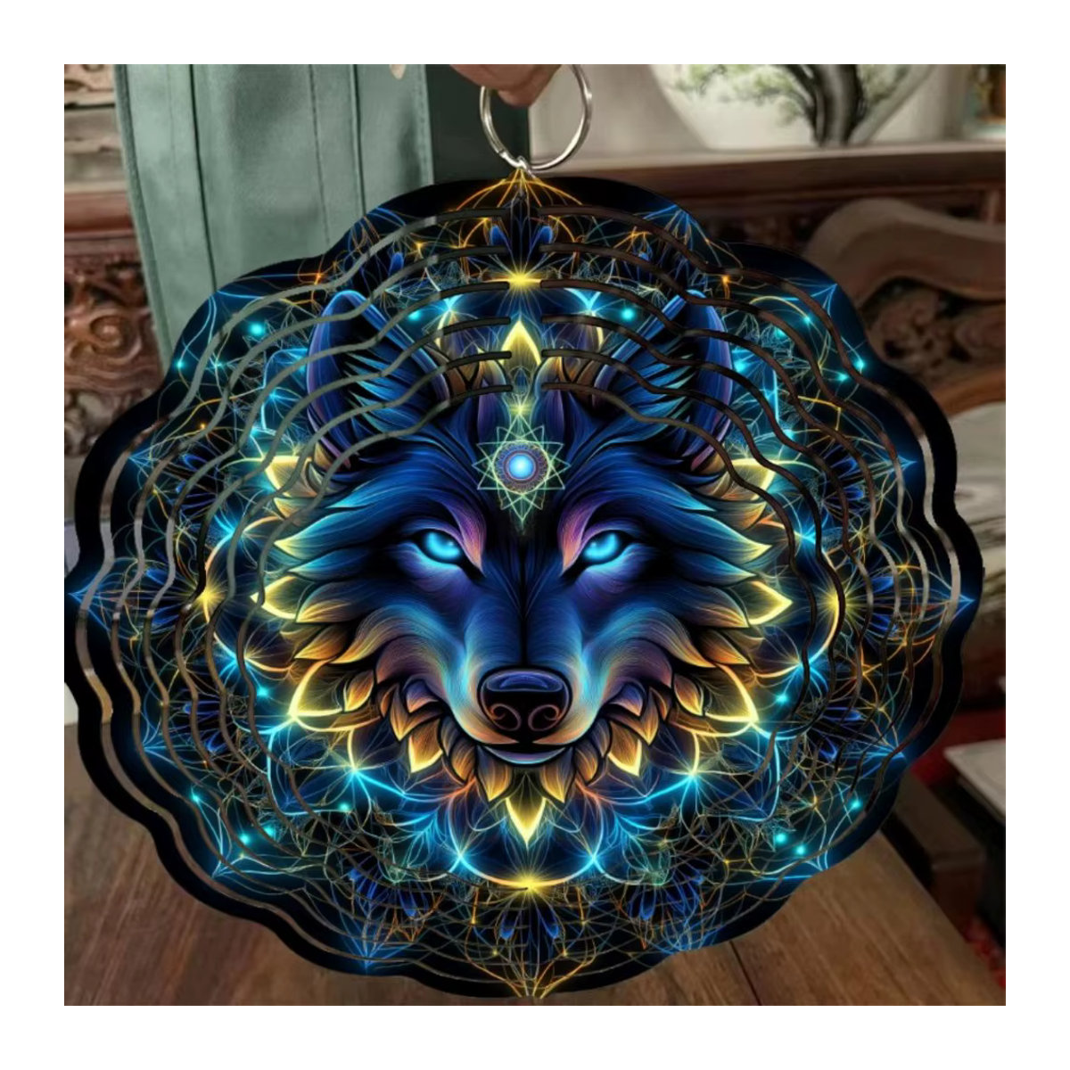 Wolf-Windspiel aus Metall in Bohemian-Stil, mehrfarbiges hängendes Tierkunst-Dekor für Garten und Balkon - Bild 4