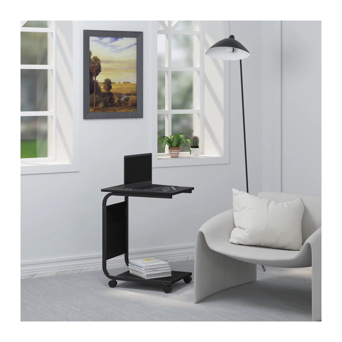 WOLTU C-förmiger Couchtisch mit Rollen in Schwarz, moderner Beistelltisch aus Holzwerkstoff und Metall mit 2 Ablagen und 1 Seitentasche - Bild 5
