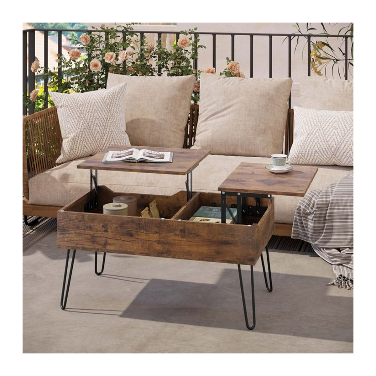 WOLTU Couchtisch in Braun mit doppelter Hebeplatte und versteckter Aufbewahrung im Industrial Design - Bild 1