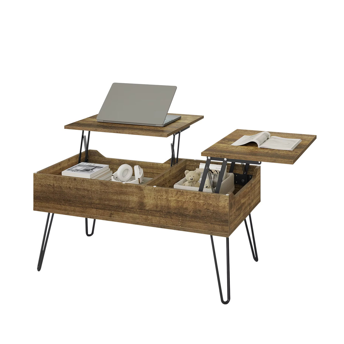 WOLTU Couchtisch in Braun mit doppelter Hebeplatte und versteckter Aufbewahrung im Industrial Design - Bild 4