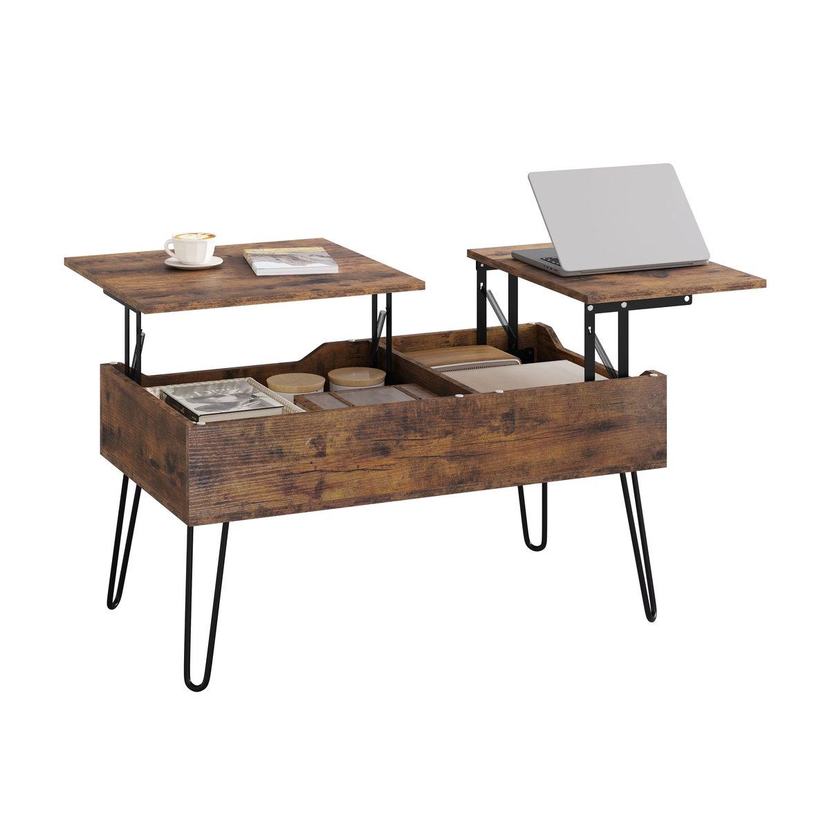 WOLTU Couchtisch in Braun mit doppelter Hebeplatte und versteckter Aufbewahrung im Industrial Design - Bild 5