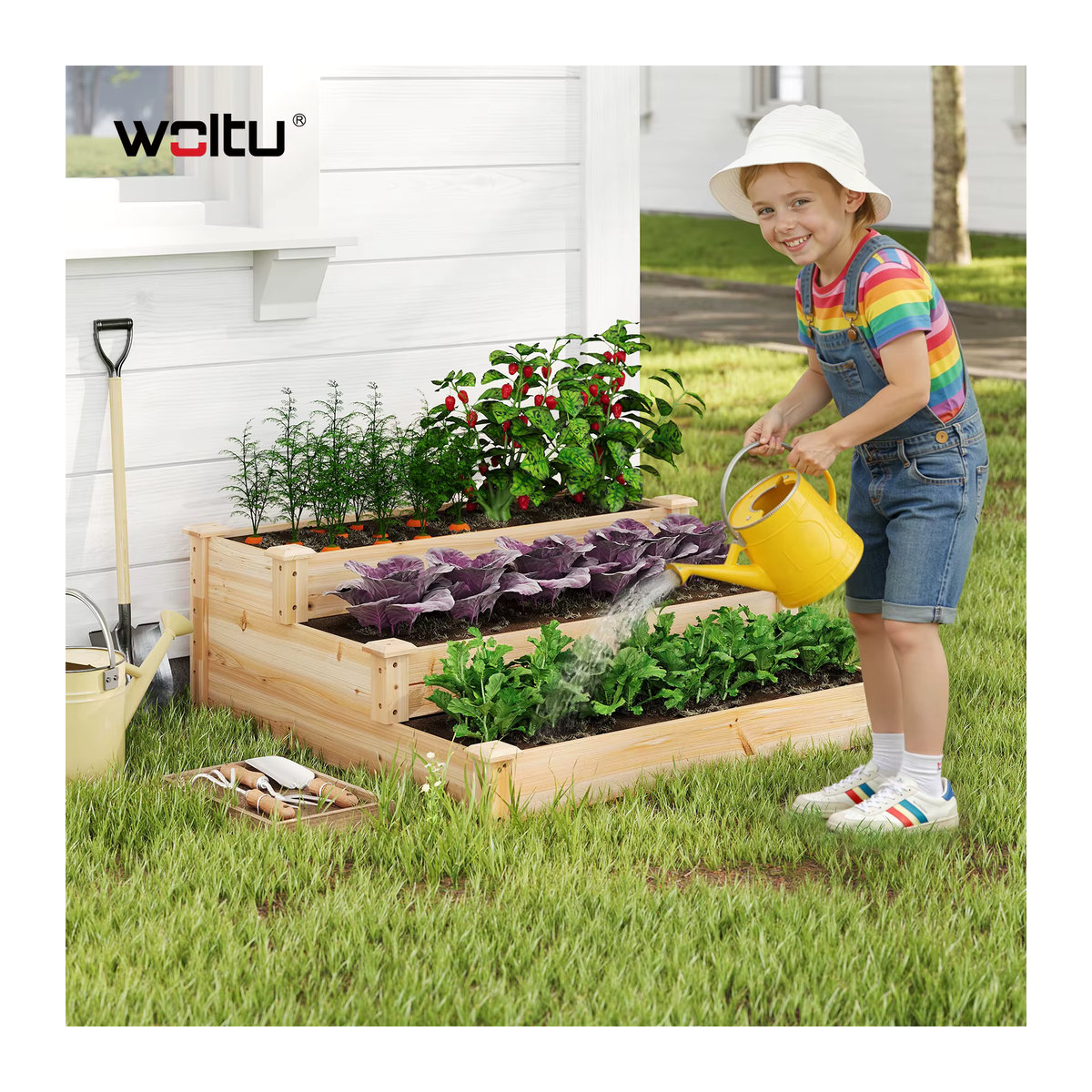 WOLTU Hochbeet mit 3 Ebenen aus Massivholz als Pflanzleiterständer für Gemüse, Kräuter und Blumenkästen für Garten und Terrasse - Bild 4