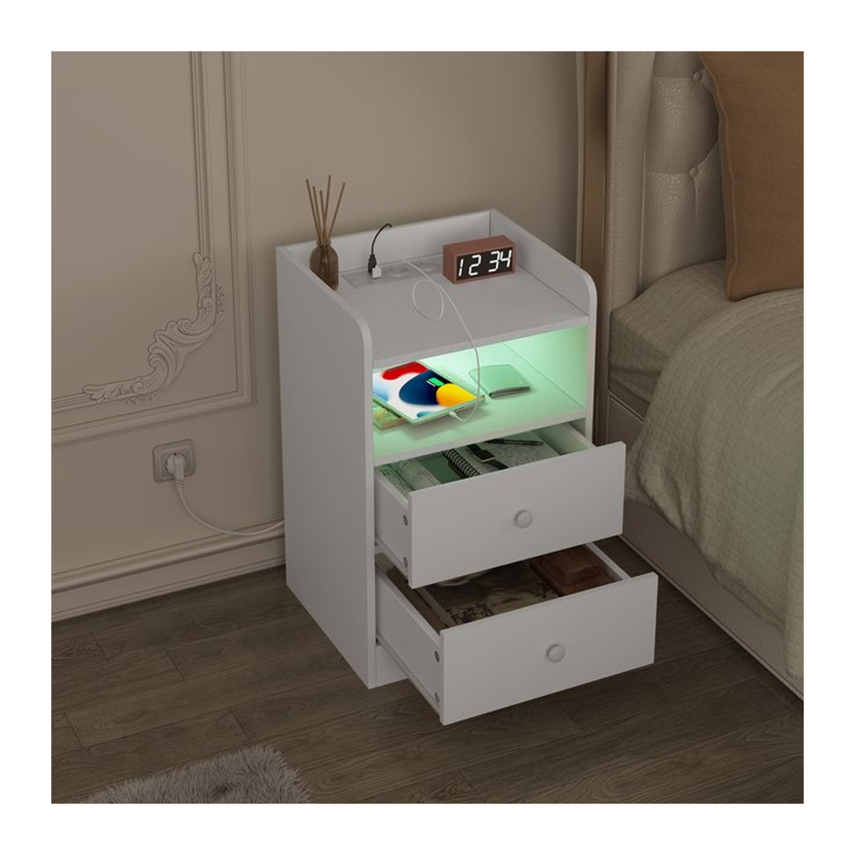 WOLTU Nachttisch aus Holz mit Ladestation, USB-Anschlüssen und LED-Licht in Schwarz oder Weiß, moderner Beistelltisch für dein Schlafzimmer - Bild 1