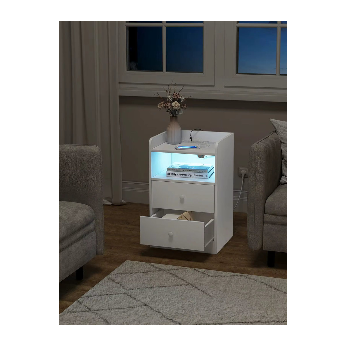 WOLTU Nachttisch aus Holz mit Ladestation, USB-Anschlüssen und LED-Licht in Schwarz oder Weiß, moderner Beistelltisch für dein Schlafzimmer - Bild 4