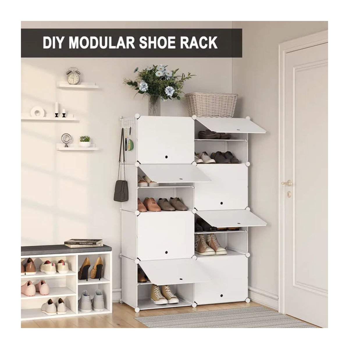 WOLTU Schuhschrank mit 8 Fächern und Drehtüren in Weiß, minimalistisches Schuhregal aus Kunststoff für Flur, Wohnzimmer oder Schlafzimmer - Bild 5