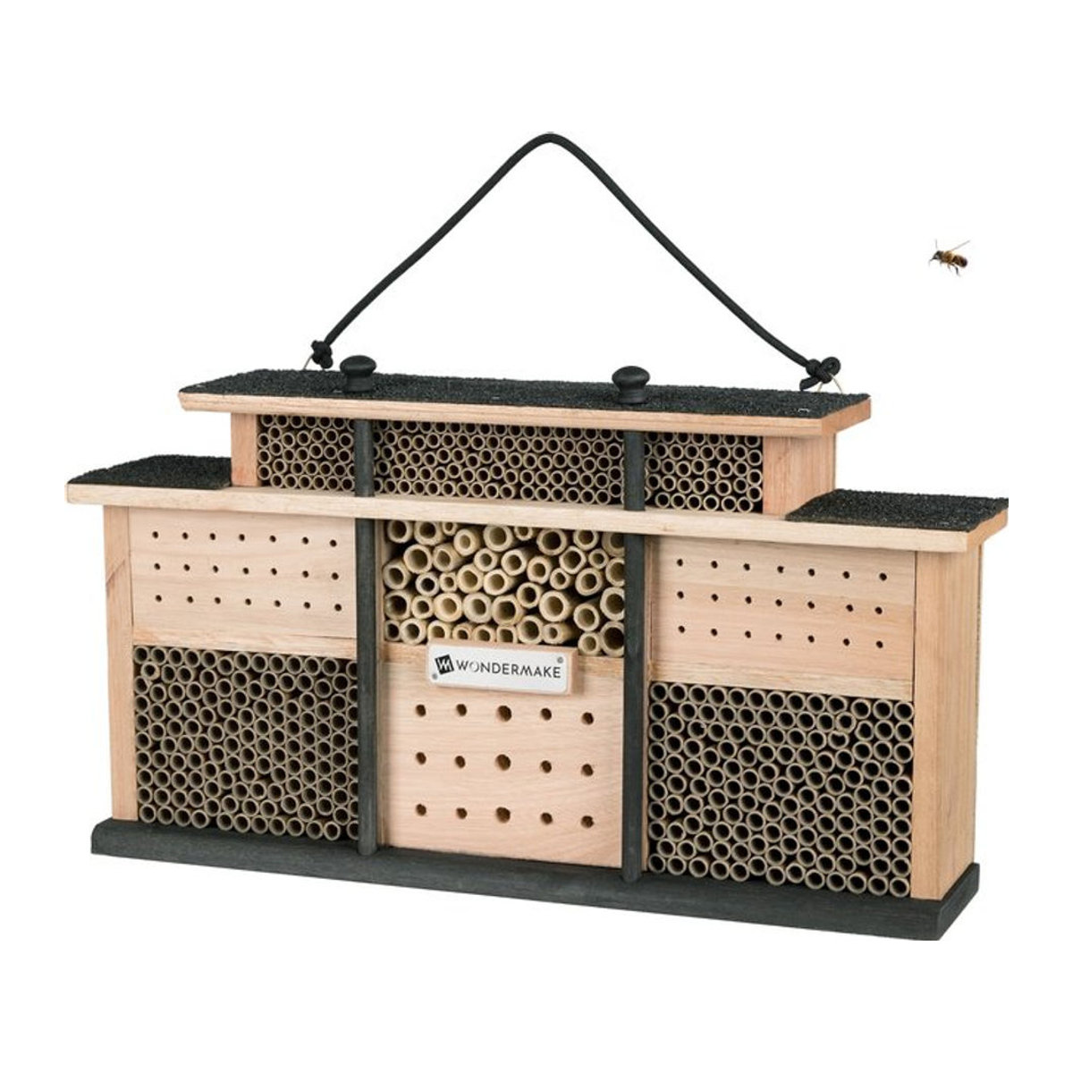 WONDERMAKE Design Insektenhotel aus Holz mit 7 Zimmern und Terrasse, hängendes Bienenhotel als Nisthilfe für Wildbienen, B/T/H: 48 x 10,5 x 27 cm, braun schwarz - Bild 1