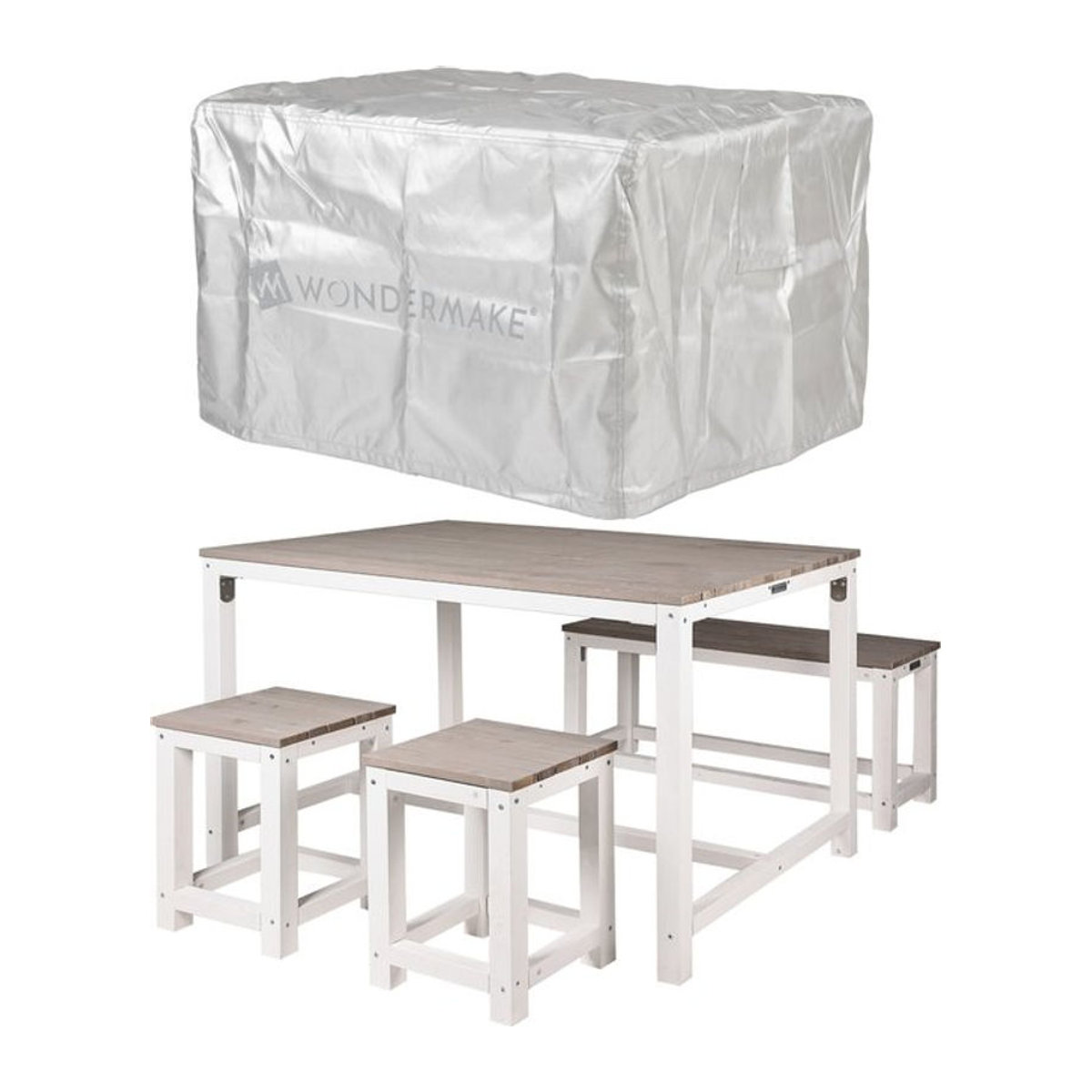 WONDERMAKE Design Sitzgruppe aus Holz in Weiß und Grau, 4-teiliges Gartenmöbel-Set für 4 Personen mit Tisch, Sitzbank, Stühlen und Hocker, modern - Bild 1