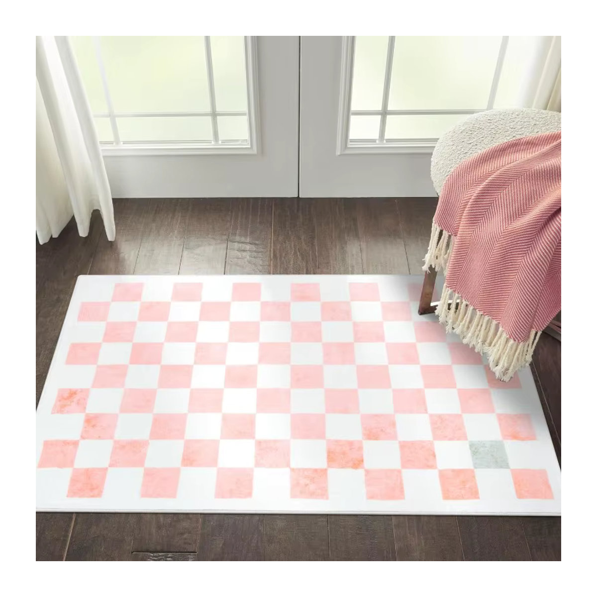 Wonnitar Karo-Teppich in Rosa, waschbar und rutschfest, ideal für Kinderzimmer und Wohnzimmer im Boho-Retro-Stil - Bild 2