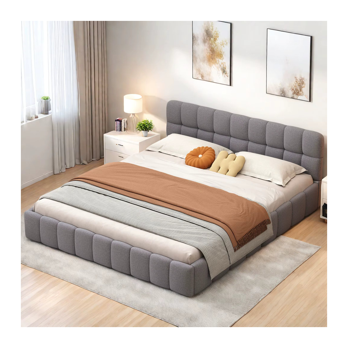 WOODENAURA Polsterbett für Erwachsene aus Leinen mit gepolstertem Kopfteil und Rahmen, B/T: 160 x 200 cm, beige/grau - Bild 2