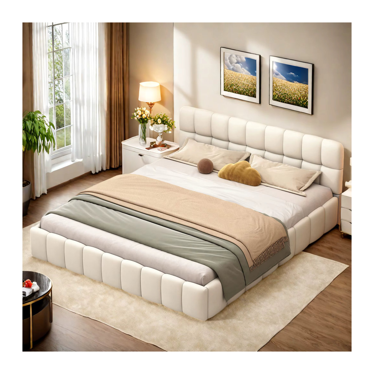 WOODENAURA Polsterbett für Erwachsene aus Leinen mit gepolstertem Kopfteil und Rahmen, B/T: 160 x 200 cm, beige/grau - Bild 4