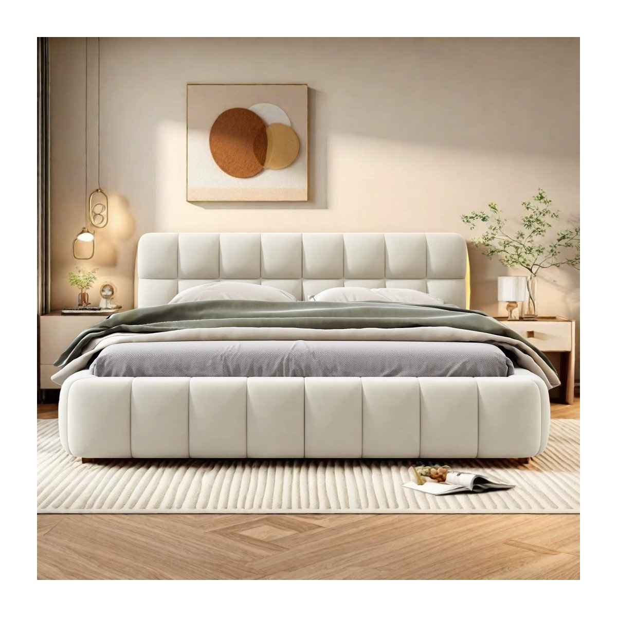 WOODENAURA Polsterbett für Erwachsene aus Leinen mit gepolstertem Kopfteil und Rahmen, B/T: 160 x 200 cm, beige/grau - Bild 5