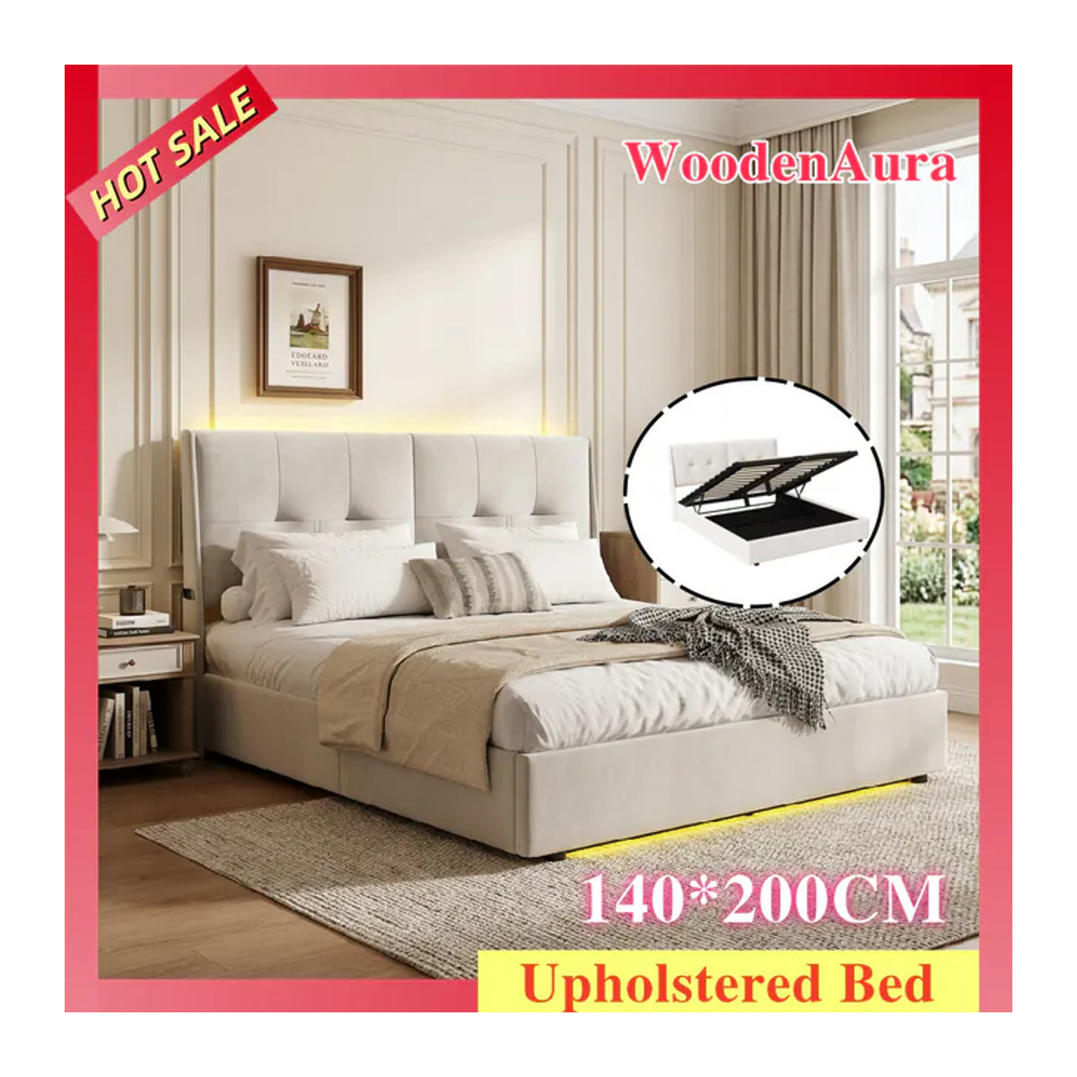 WoodenAura Polsterbett mit LED-Beleuchtung, hydraulischem Hebesystem, seitlichen Staufächern und Lattenrost in Beige Samt, B/T: 140 x 200 cm - Bild 1