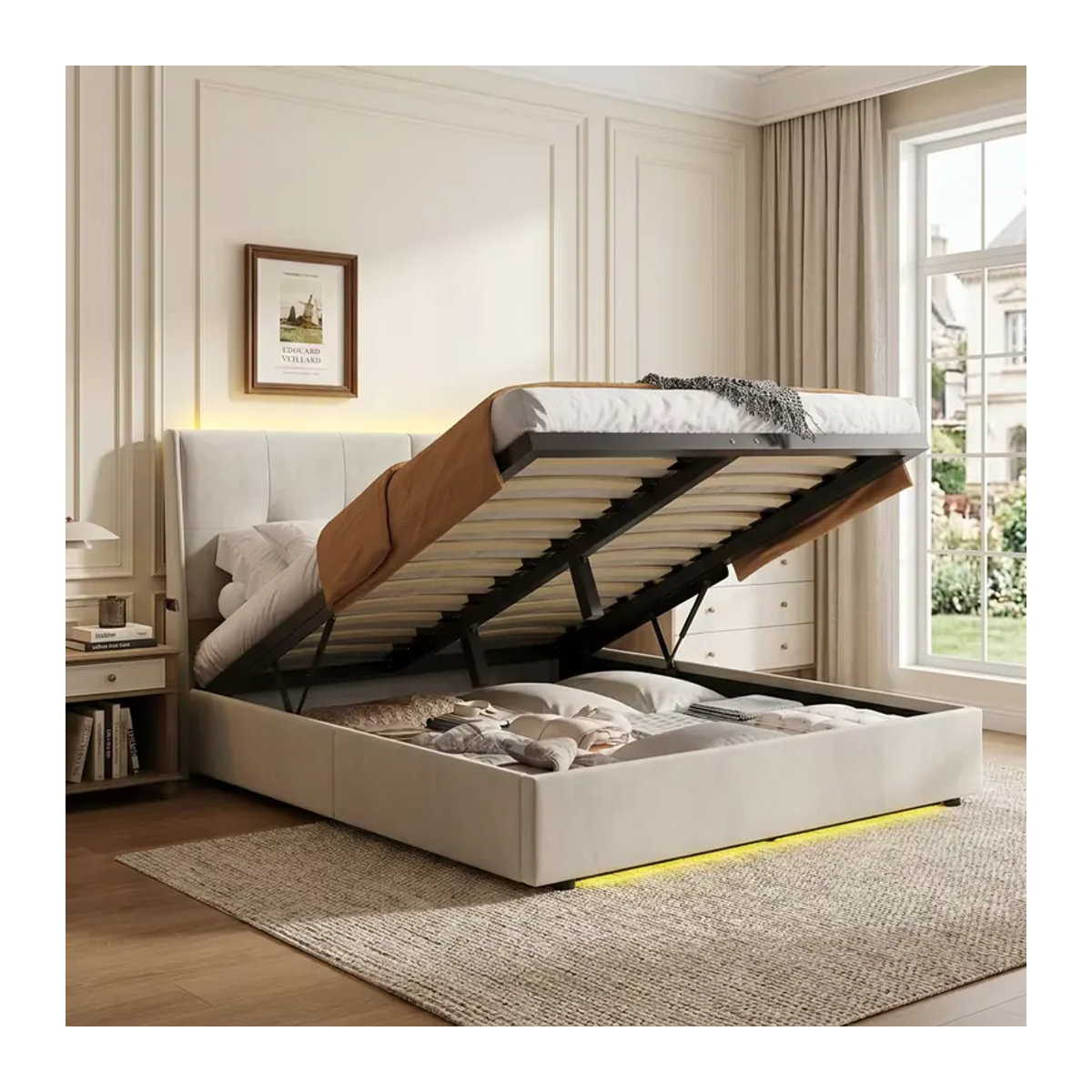 WoodenAura Polsterbett mit LED-Beleuchtung, hydraulischem Hebesystem, seitlichen Staufächern und Lattenrost in Beige Samt, B/T: 140 x 200 cm - Bild 2