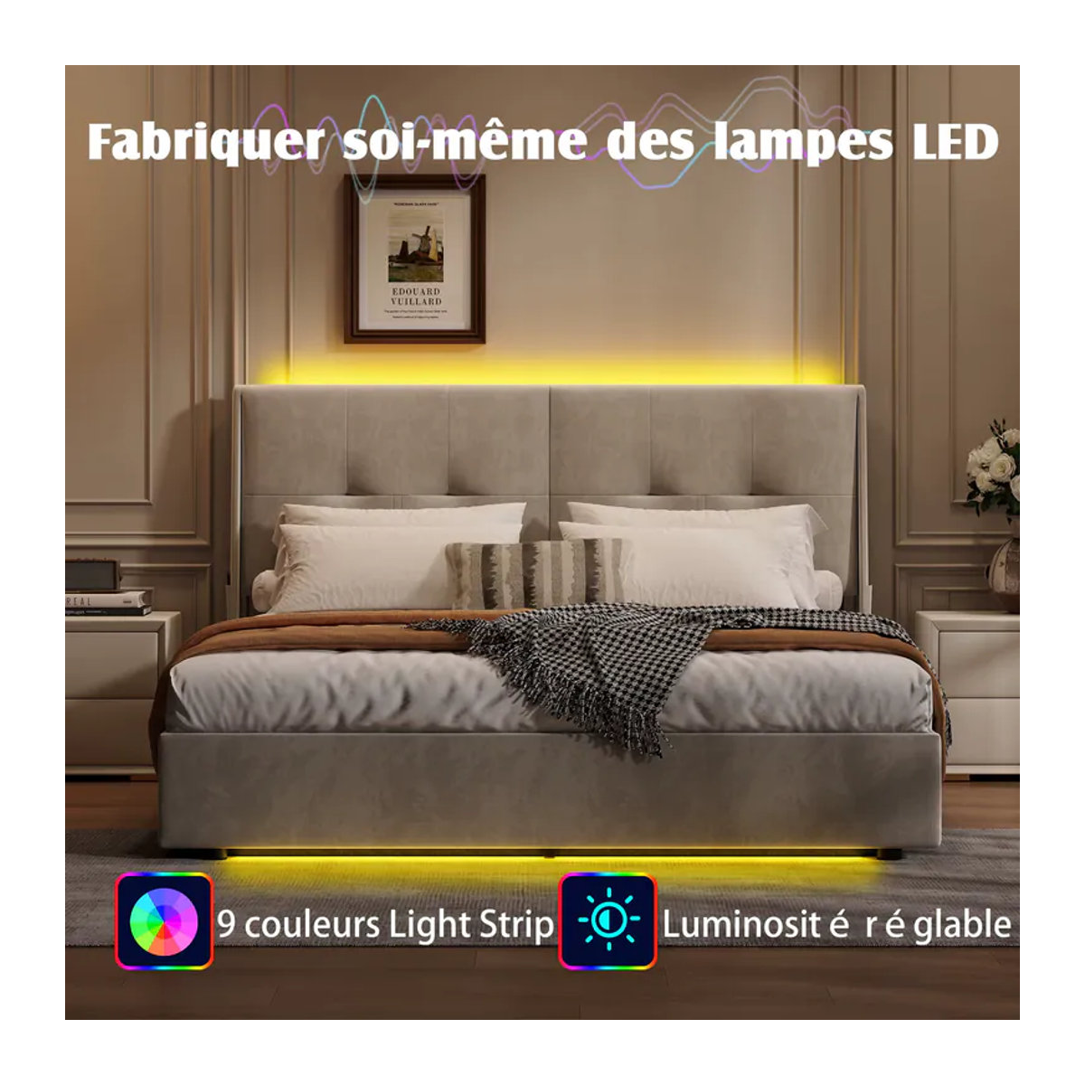 WoodenAura Polsterbett mit LED-Beleuchtung, hydraulischem Hebesystem, seitlichen Staufächern und Lattenrost in Beige Samt, B/T: 140 x 200 cm - Bild 5