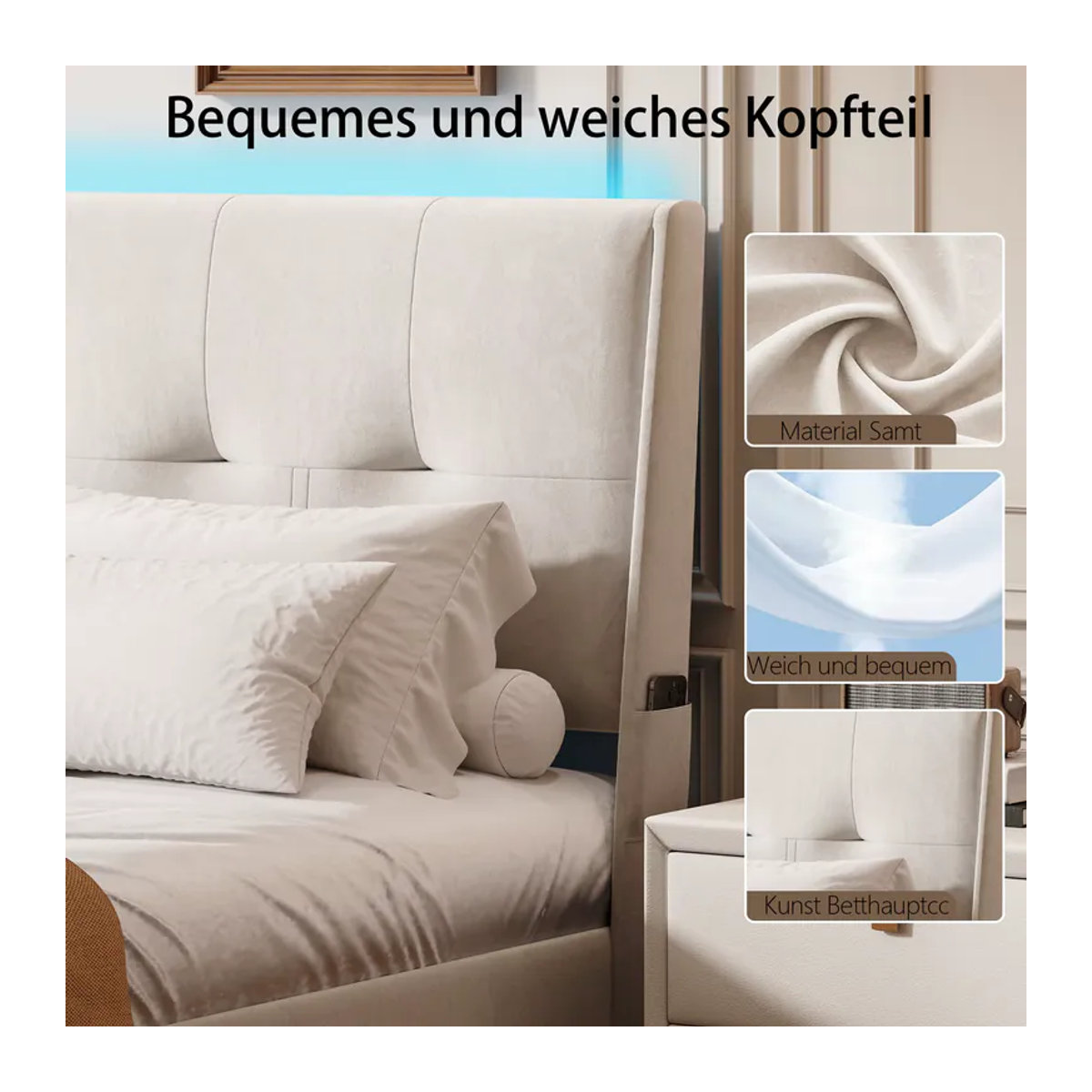 WoodenAura Polsterbett mit LED-Beleuchtung, hydraulischem Hebesystem, seitlichen Staufächern und Lattenrost in Beige Samt, B/T: 140 x 200 cm - Bild 6