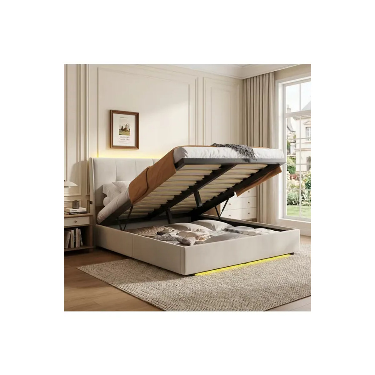 WoodenAura Polsterbett mit LED-Beleuchtung, hydraulischem Hebesystem, seitlichen Staufächern und Lattenrost in Beige Samt, B/T: 140 x 200 cm - Bild 7