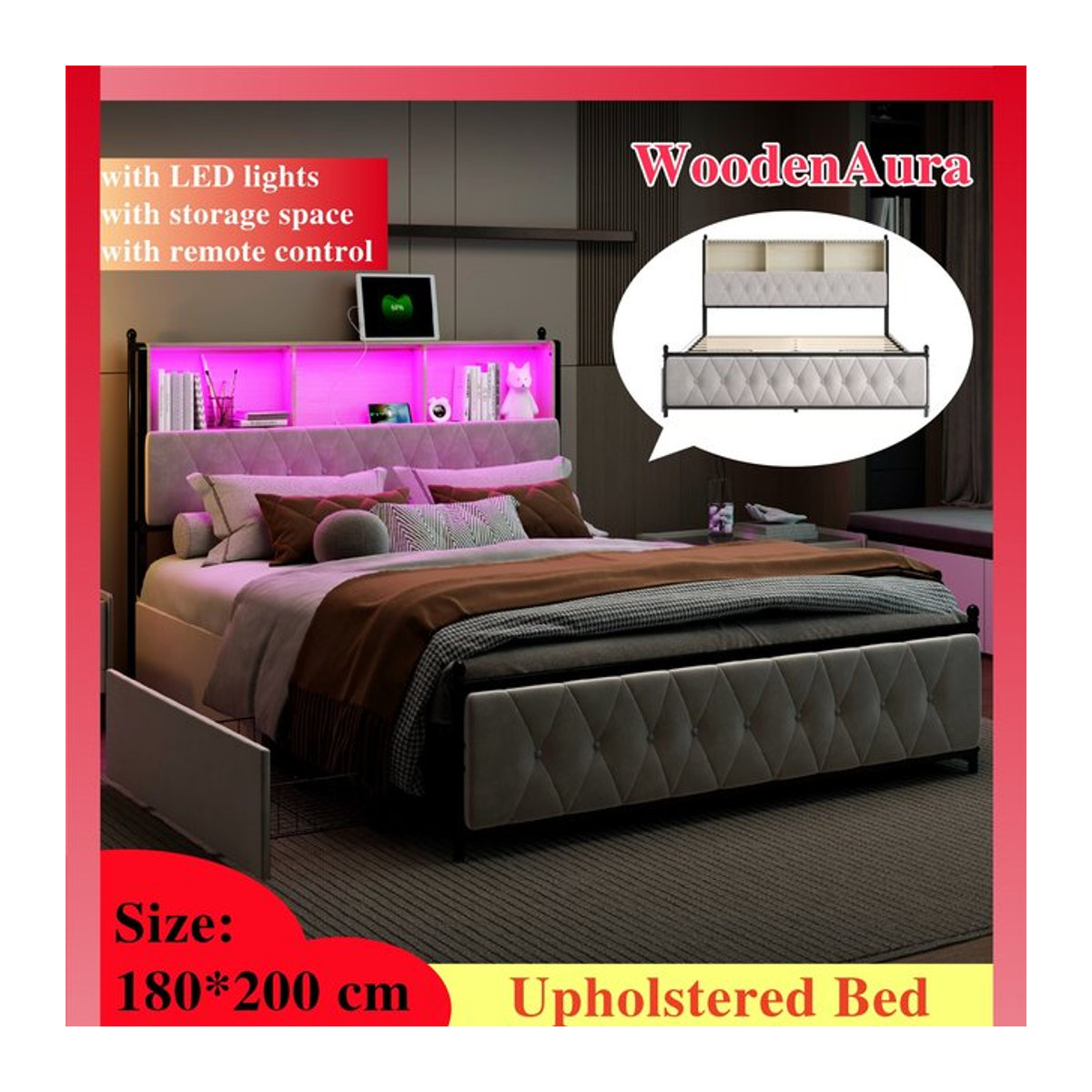 WOODENAURA Polsterbett mit vier Schubladen und Stauraum im Kopfteil, Modernes Doppelbett aus Stoff, B/T: 180 x 200 cm - Bild 1