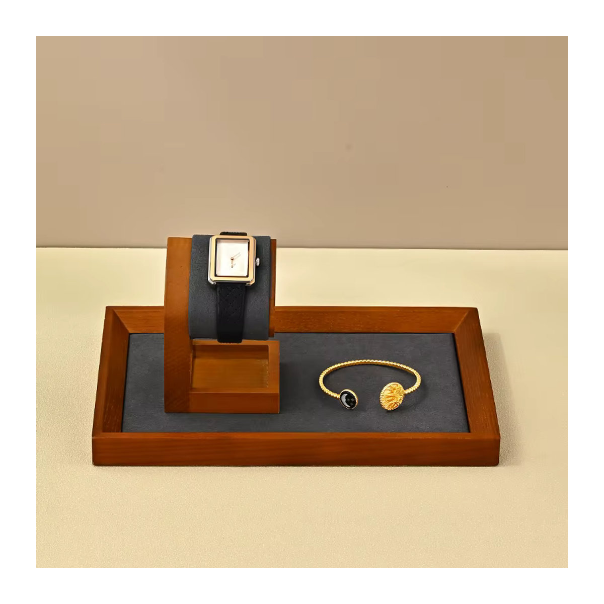 WoodTen Massivholz Uhren Display Ständer und Schmuckorganizer für Uhren, Halsketten, Armbänder und Stirnbänder in Braun und Grau - Bild 5