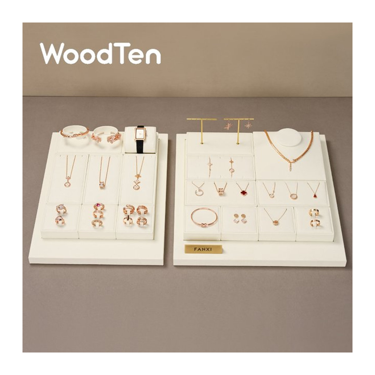 WoodTen Schmuckständer aus Mikrofaser in Beige für Ohrringe, Halsketten, Uhren und Ringe - Bild 1