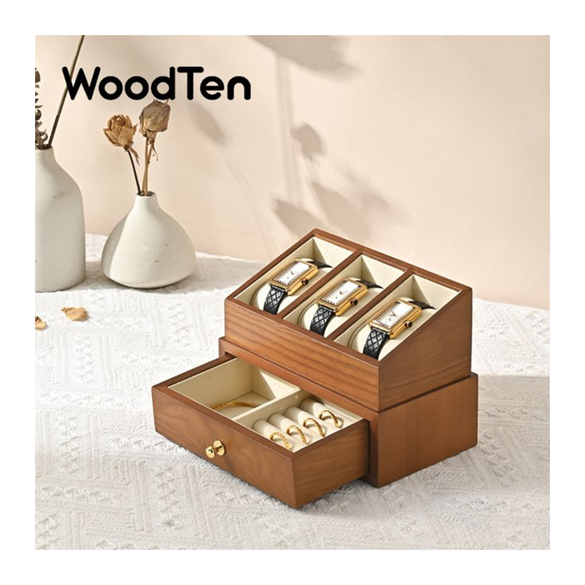 WoodTen Uhrenbox aus Holz mit 3 Fächern, doppellagiger Schmuck-Organizer in Braun und Beige - Bild 1