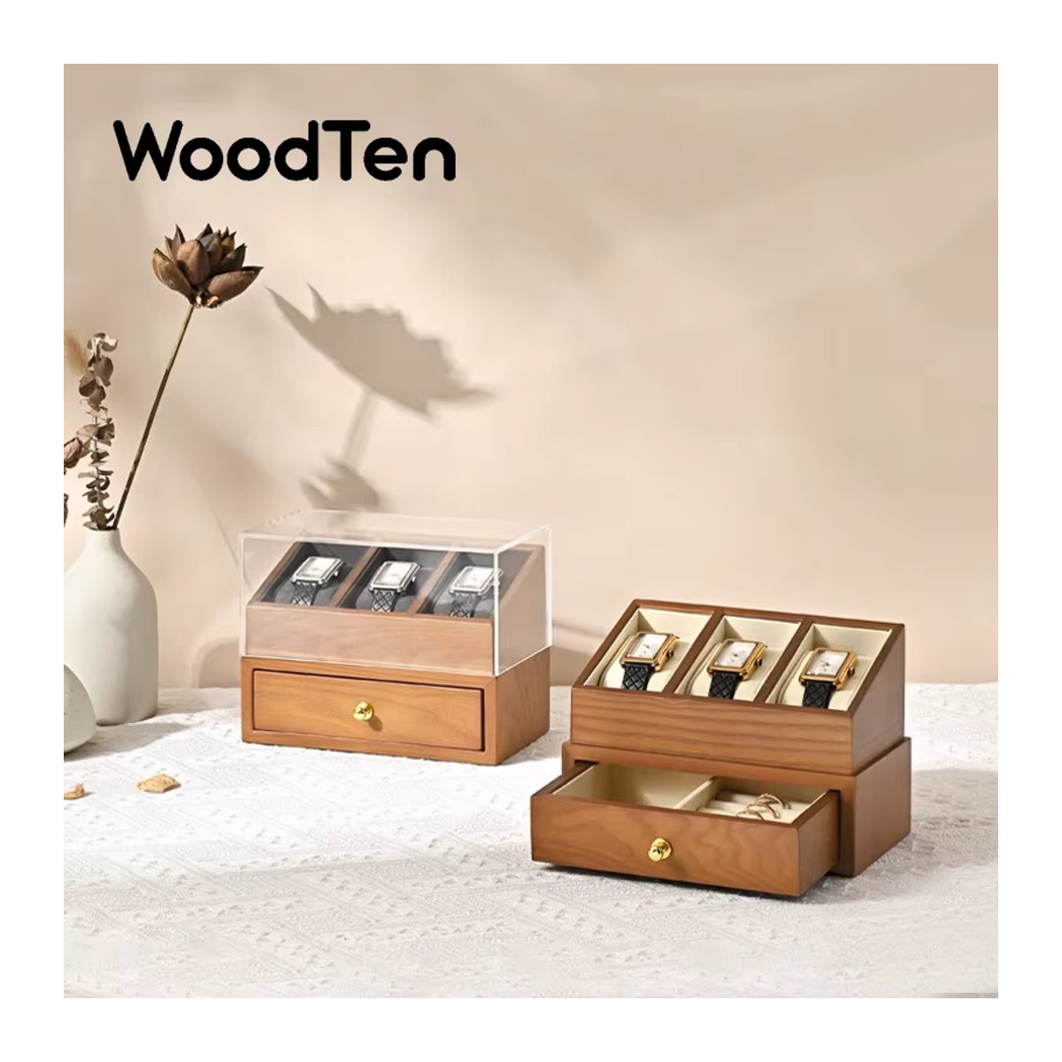 WoodTen Uhrenbox aus Holz mit 3 Fächern, doppellagiger Schmuck-Organizer in Braun und Beige - Bild 2